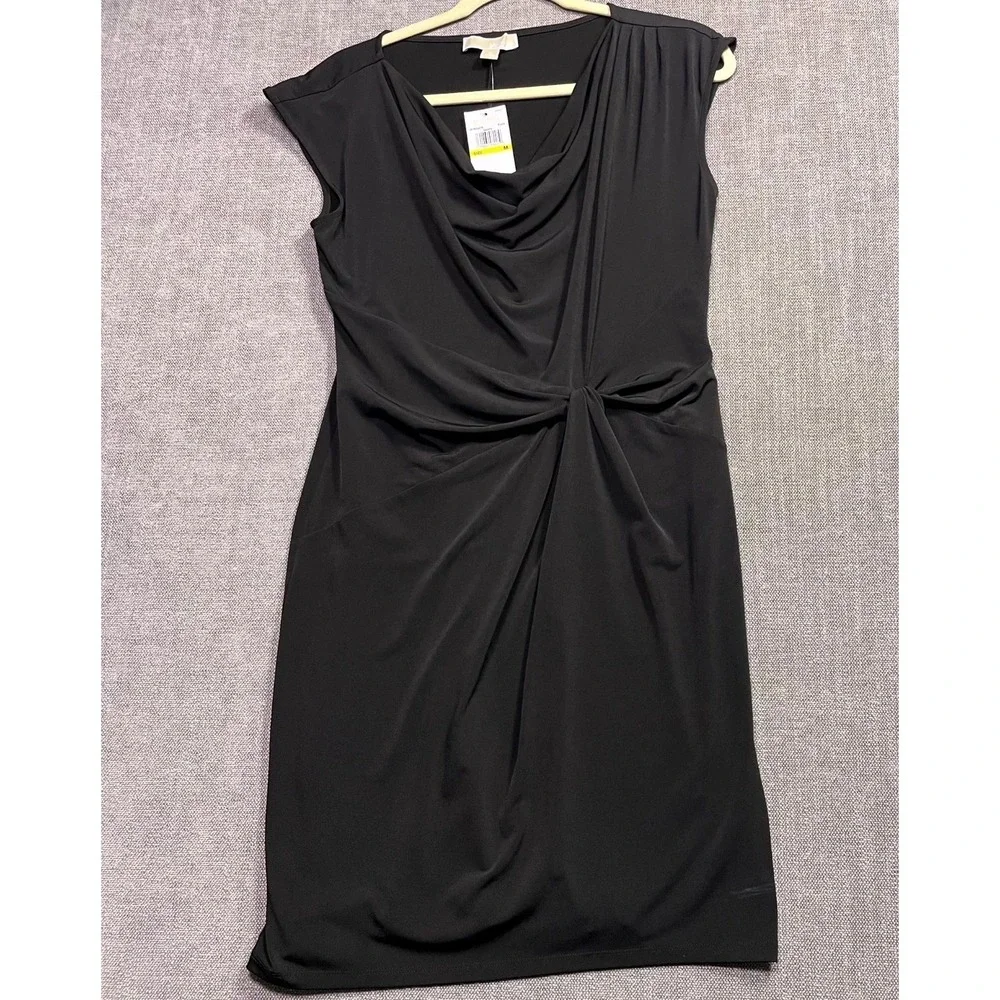 Michael Kors Womens Black Cowl Neck Pleated Knot Front Shift Dress Medium NWT